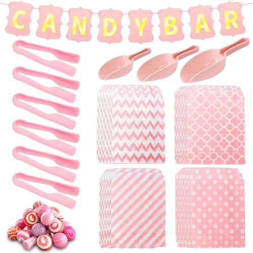 50 Stück Candy Bar Tüten Deko Set,Enthält 6 Stück Zuckerzange,3 Candybar Schaufel Und 1 Candy Bar Girlande Candy Bar Zubehör Candybar Deko Set Für Hochzeit Geburtstage Party Büfett Grill