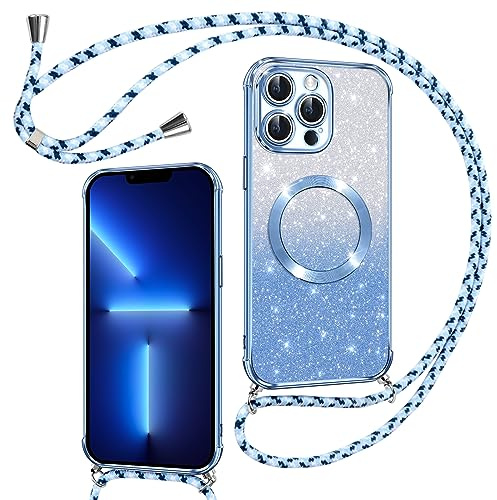 Phoona Hülle für iPhone 13 Pro Max mit Band, Blau | [Kompatibel mit MagSafe] Luxuriöse Glitzer Beschichtung Magnetische Handyhülle zum Umhängen Kordel Silikon Stoßfest