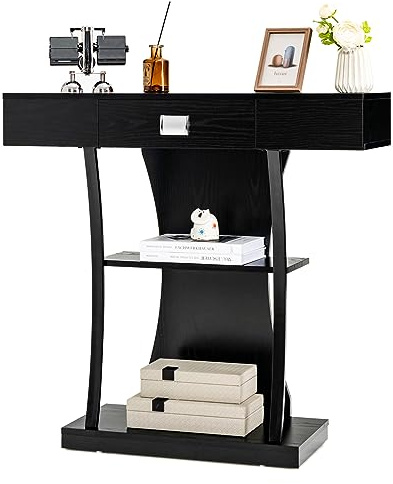 COSTWAY Konsolentisch Holz, mit Schubladen & Metallrahmen & 2 Ablagen, Flurtisch schmal, Beistelltisch mit Kippschutz, für Eingangsbereich und Wohnzimmer (Schwarz)