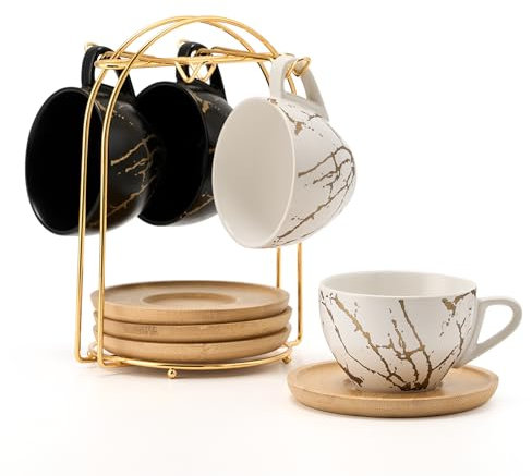 LUKA Lot de 4 tasses à expresso demitasse en céramique avec soucoupes et support en métal - Tasses à cappuccino empilables en porcelaine pour thé, expresso, latte, café, moka, 236,8 g, blanc et noir