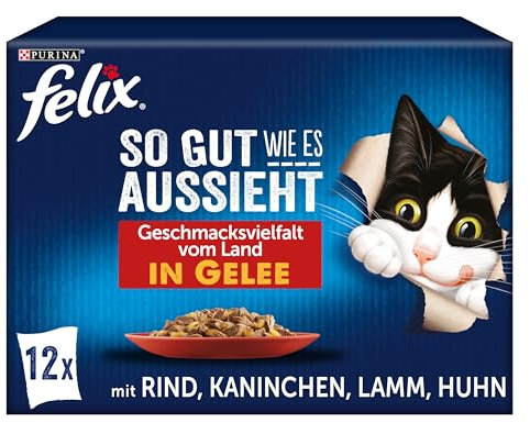 PURINA Felix So gut wie es aussieht in Gelee Geschmacksvielfalt vom Land Katzennassfutter, Portionsbeutel, 12x85g