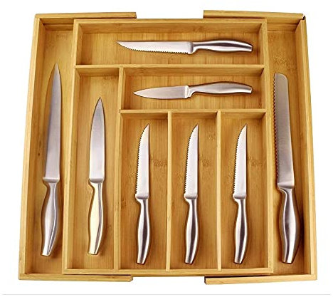 Besteckkasten, ausziehbar, Bambus, Aufbewahrung und Organisation der Küche, Besteckkasten, 6 bis 8 Fächer, kompaktes Schubladensystem, Besteckkasten für praktische Schublade, 43 – 50 x 45 x 5 cm