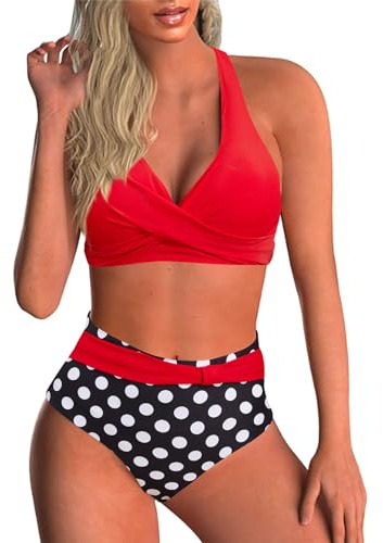 Baynetin Conjunto de Bikini Mujer Sexy de Dos Piezas Push Up Acolchado Retro Impreso Halter Backless Bikini Control de Vientre de Cintura Alta Traje de Baño (Puntos Rojos+Negros, L)