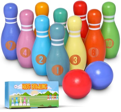 Pink Papaya XL Kegelspiel für Kinder - 12 teiliges Bowling Set, Outdoor & Indoor Spielzeug aus FSC-zertifiziertem Holz, schult & fördert Ihr Kind