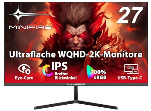 Minifire 27 Zoll Monitor WQHD(2560x1440), IPS, 1ms, AMD FreeSync, 100% sRGB, 75Hz, ltradünner Rahmen, HDMI DP, USB-C Ports, 3 Jahre Garantie -Schwarz