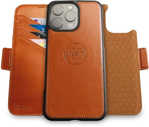 dreem Vegan Leather Magnetic Detachable Wallet Case for iPhone 16 Pro Max | Revolutionary Vert/Hor Phone Stand, RFID Blocking Card Holder Flip Cover, MagSafe-Fit, Gift Box [Fibonacci: Caramel]