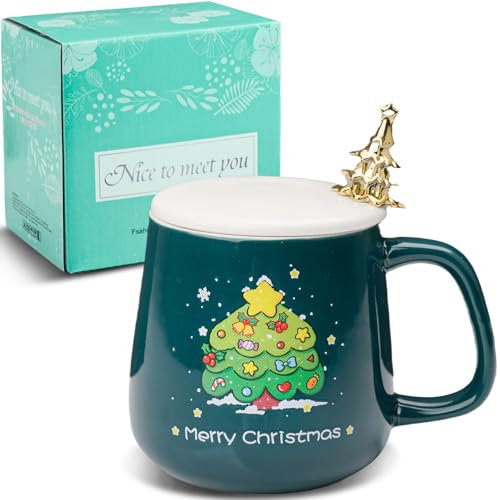 ZONSUSE Taza de Arbol de Navidad,Divertida Taza de Café Navideña,Taza Desayuno Navideño,Taza Navideña con Tapa y Pala Para Arbol de Navidad,Regalos Navidad para Familia Amigo Nniño 380ml (B-Verde)