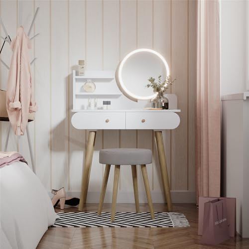 Vicco Schminktisch Edda, Weiß, 80 cm | mit LED Beleuchtung und Hocker, mit rundem LED Spiegel und passendem Sitzhocker