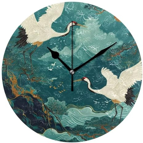 Amooorous Pavilions Landscapes and Cranes 10 Inch Round Atomic Wall Clock Quiet Easy to Read for Office Dining Room Bedroom