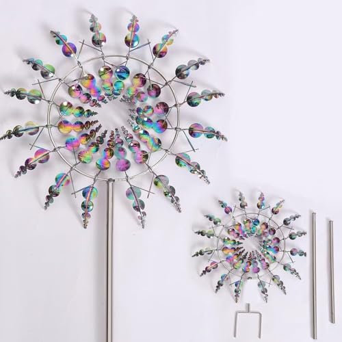 SENIURIS 3D Metall Sonnenblume Windmühle, Magische Wind Dynamik Spinner Mit Zwei Rotoren Einzigartige Dynamik Windmühle, Garten im Freien Rasen Wetter Blätter Dekoration. (Bunt)