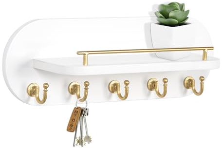 SANY DAYO HOME Key Holder Wall Mount White Wood Entryway Rack with 5 Gold Hooks, Metal Shelf Guardrail for Key Organizer, Living Room Decor (Oval, 14 x 5)