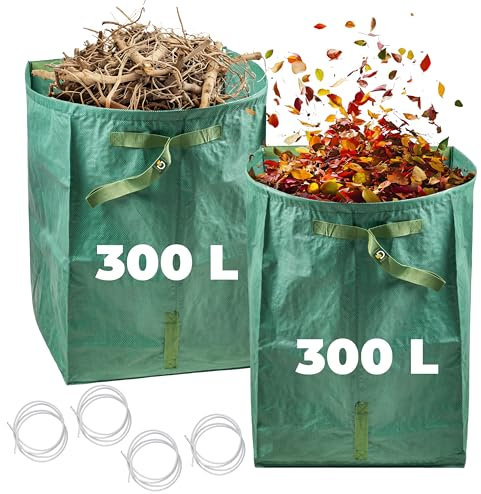 Sacchi da Giardinaggio 300L Riutilizzabili (Set da 2), Sacco Raccolta Foglie Pieghevole con Maniglie Rinforzate, Impermeabile e Resistente, Sacchi Giardino Multiuso per Erba, Rifiuti e Detriti
