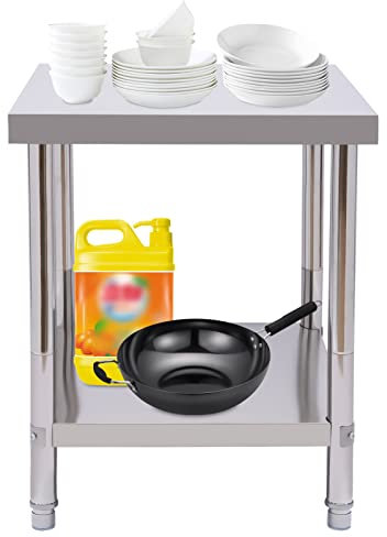 Tyvotrend 2 Etagen Edelstahl Arbeitstisch, Edelstahltisch Küchentisch Gastro Tisch, Zubereitungstisch mit Verstellbare Füße, für Küche zum Zubereitung von Speisen, Silber, bis 400kg (60x45x80cm)