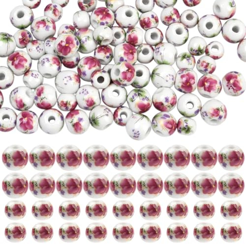 SOFPLATE 1 Box 100Pcs Ceramic Flower Beads Flower Printed Beads 8MM 10MM Porcelain Bulk Loose Small Cute Round Purple Peony Floral Spacers for Jewellery Making Findings Bracelet Necklace Beginner
