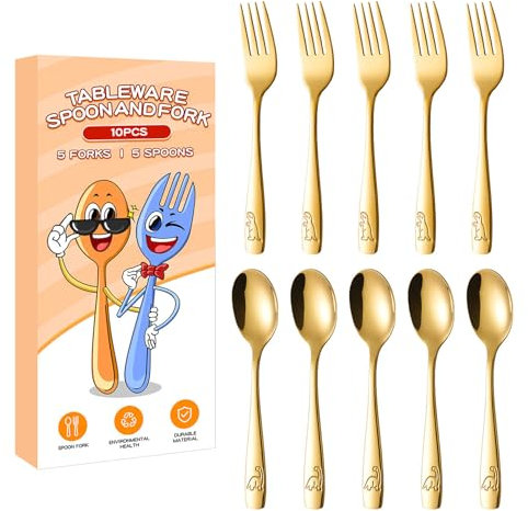 SVCEQZE Edelstahl Kinderbesteck,Besteck-Set Für Küche Und Haushalt - Rostfreies Edelstahl-Besteck Mit Dinosaurier-Gravur, Ergonomische Griffe 5 Geln & 5 Löffel Für Kinder 3 Jahren