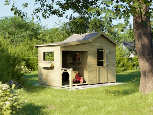 Prestige Garden Spielhaus Mailand | 259 x 194 x 177 cm | KDI Kiefernholz | Mit Anbau, Sitzbank & 4 Fenstern | Kinder Outdoor Spielhaus