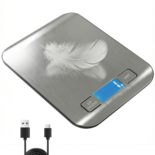 Balance de Cuisine Électronique 1g – 10 kg, Rechargeable, Balance de Précision Portable, Écran LCD, Acier Inoxydable, Idéal pour la Pâtisserie, la Cuisine et les Ingrédients Fins