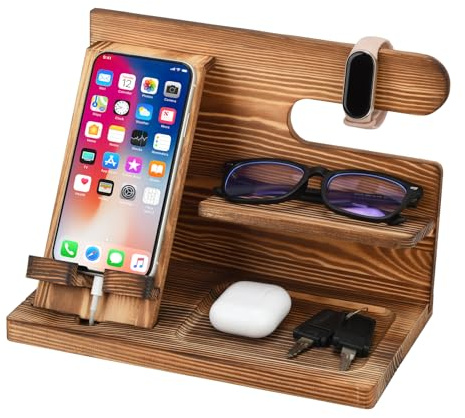 Docking station per telefono in legno, organizer per comodino, organizer per stazione di ricarica, regalo di compleanno per uomini (legno)