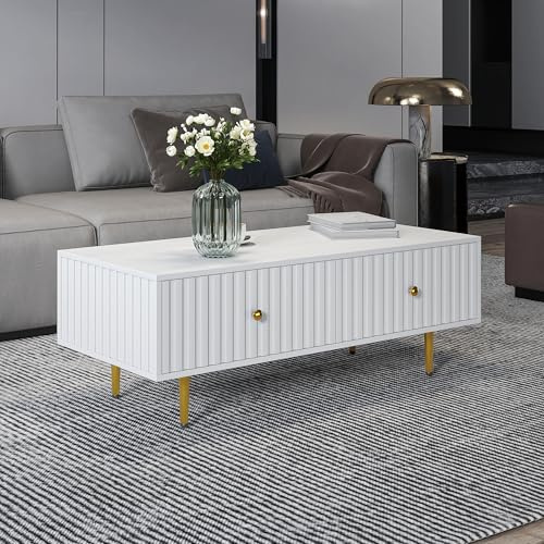 KEEPREAPER Couchtisch, Wohnzimmertisch mit 2 Schubladen und Lamellen-Front | Metallfüßen, modern, für Wohnzimmer, 110 x 50x 40 cm