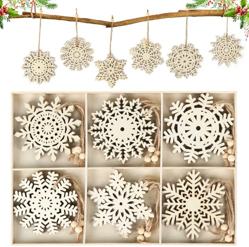 24 Stück Schneeflocken Holzanhänger Weihnachten, Weihnachten Holzanhänger, 10cm Weihnachtsbaumschmuck Holz mit Holzperlen Hanfseil, Christbaumschmuck Schneeflocken für Weihnachtsdeko DIY Holz Basteln