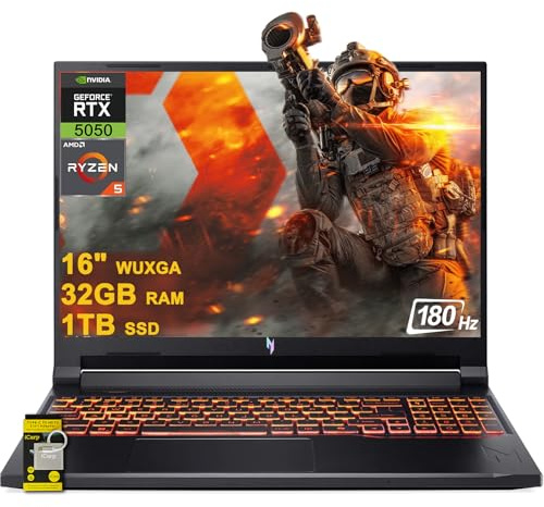 acer Nitro V 16 AI Gaming Laptop 16 WUXGA IPS 180Hz AMD Zen 4 Hexa-core Ryzen 5 240 32GB RAM 1TB SSD GeForce RTX 5050 (Up to 421 AI Tops) Backlit Win11 w/ICP Hub