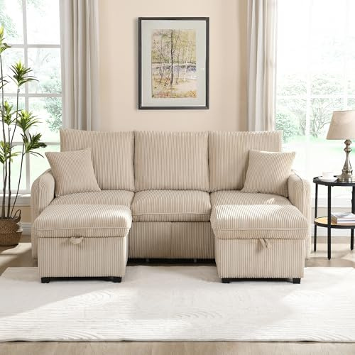 GULFXDS Modulares Sofa, Sofa U Form, Multifunktionale Ecksofa U-Form-Dreisitzer Polster-Sofa mit Staufunktion-Inklusive Schubladen und Hocker, Geeignet für Wohnzimmer/Schlafzimmer(Beige)