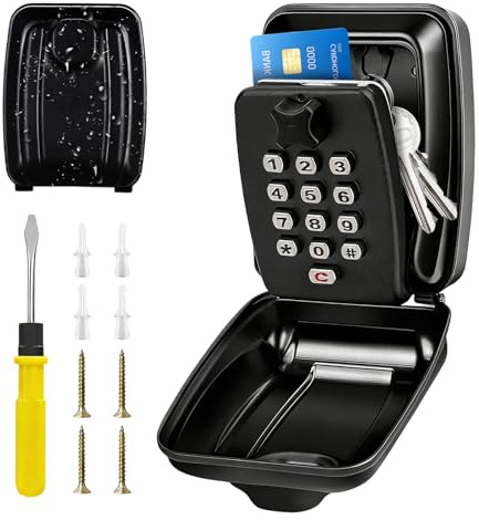 Key Safe Wall Mounted Police Approved, Waterproof Key Lock Box Outdoor | Key Lock Box for 12 Digit with Code, Black Heavy Spare Key Hider, Key Safe Box Outdoor for Outside Home Garage Office School