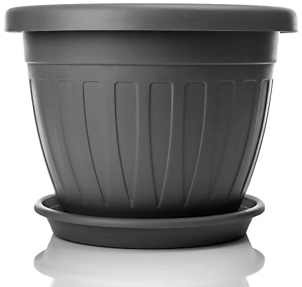 BigDean Pot de fleurs rond de 50 cm avec soucoupe - Anthracite - Résistant aux intempéries - Évacuation de l'eau - Résistant aux UV - En plastique incassable - Convient pour l'intérieur et l'extérieur