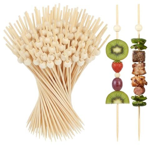 Kynigo 300 Stück Cocktailspieße, 12 cm Spieße Fingerfood, Perlen Holzspieße, Holz Cocktail Sticks, Bambus Spieße, Zahnstocher Holz, Cocktail Deko für Party Deko, Geburtstag, Hochzeit und Antipasti