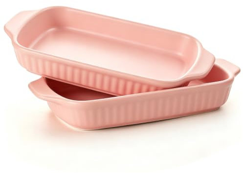 Aleker 2 Pack Ceramic Lasagna Dish with Handles, 8 inch Matte Ribbed Rectangular Serving Dishes Pie Dish, Oven-Safe Baking Dishes for Casseroles, Pasta, Rosting, Pies, Tapas Dishwasher Safe, Pink