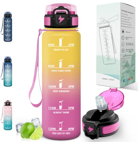 Motswedi Botella Agua 1 litro, con pajita, Botella Gimnasio, a Prueba de Fugas, Cantimplora con Marcador de Tiempo, para Gym, Bicicleta, Yoga, Oficina, Amarillo & rosa