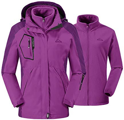 donhobo Damen 3-in-1 Jacke Fleecejacke wasserdichte Winddichte Skijacke Winterjacke Wanderjacke Softshelljacke Regenjacke mit Kapuze Lila XL