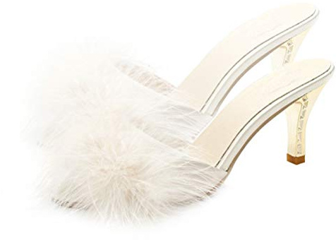 Holibanna Bianco Delle Donne Della Del Faux Gattino Tallone di Estate Sandali Ciabatte Slip on Open Toe Vestito Backless Sexy Basso Tacco Alto Slipper Slides Fuzzy Pantofole (numeric_39)