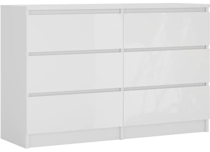 3xEliving Commode élégante et spacieuse Demii 6 tiroirs 140cm, Blanc Mat/Blanc Brillant, Parfaite pour Le Salon, Le Bureau, la Chambre. Dimensions: 140 x 38 x 78 cm
