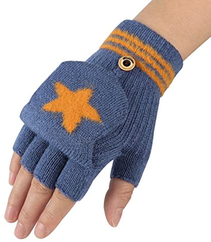 AfinderDE Kinder Fausthandschuhe Mädchen jungen Abnehmbare Klappe Strickhandschuhe Fäustlinge Handschuhe Fingerhandschuhe Fingerlos Halb Handschuhe Strick Handschuhe Winterhandschuhe (Blau 1)