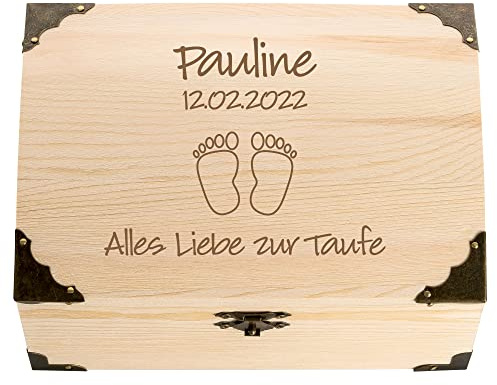 4youDesign Schatztruhe zur Taufe mit persönlicher Gravur – Motive Füße – personalisiertes Geldgeschenk mit Name & Datum – Erinnerungsbox (Füße)