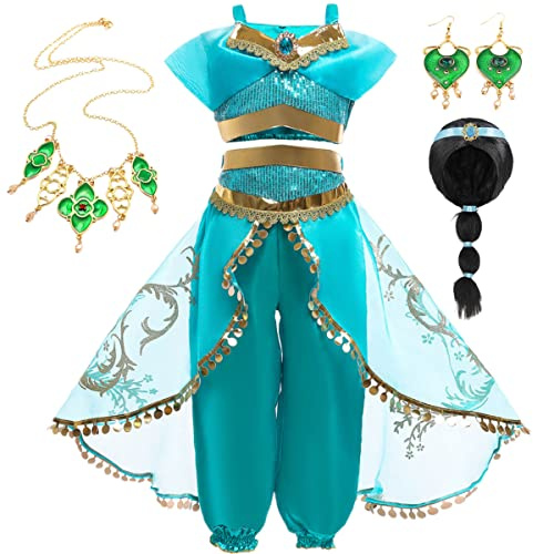 YOGLY Fille Déguisement Robe Princesse Jasmine Cosplay Halloween Noël Carnaval Fête D'anniversaire Mascarade Aladin Danse Hauts et Pantalons Costume avec Collier Boucles D'oreilles et Perruque 3-9 Ans