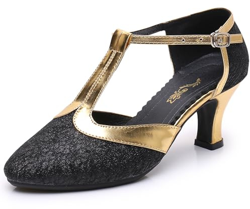 iCKER Womens Latin Dance Shoes Heeled Ballroom Salsa Tango Party Sequin Dance Shoes 02 Black 8.5