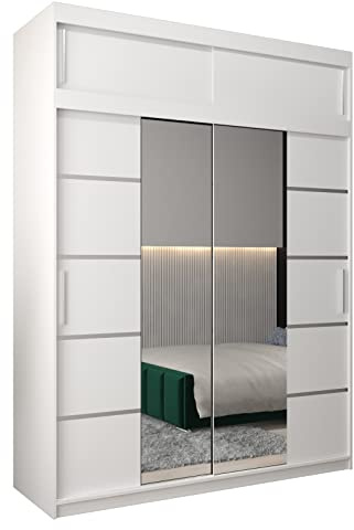 MEBLE KRYSPOL Verona 4 180 Schlafzimmerschrank Schiebetüren Schrank mit Spiegel Kleiderschrank mit Spiegel Schiebetürenschrank Kleiderschrank Schiebetüren – 180x240x62cm - Mattweiß mit Verlängerung