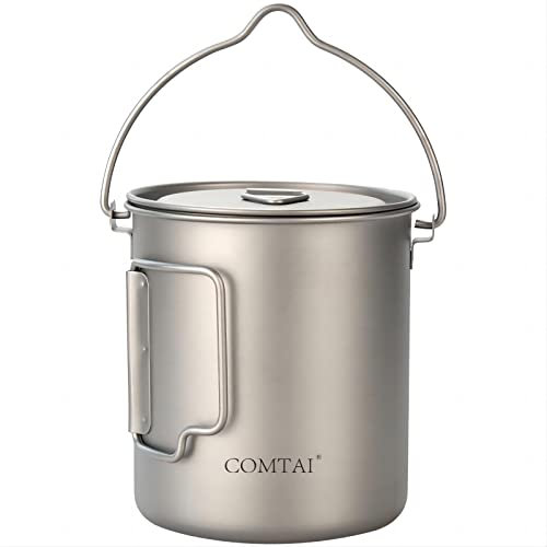 COMTAI Pentola da campeggio in titanio, 750 ml, con coperchio e manico fotable, tazza in titanio per escursioni all'aperto, campeggio, cucina