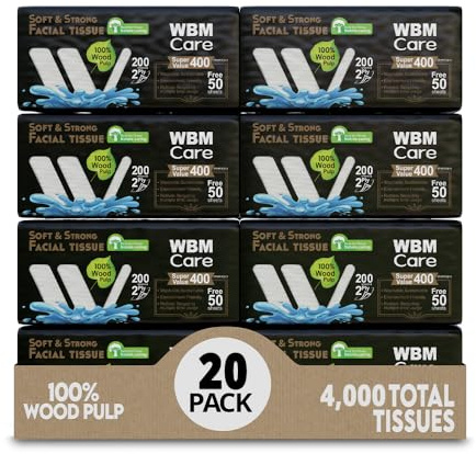 WBM Care 2-Ply Facial Tissues with Tea Tree Fragrance - 200 Sheets, Pack of 20 (4,000 Total) Ultra Soft, 100% Natural Best for Rinse