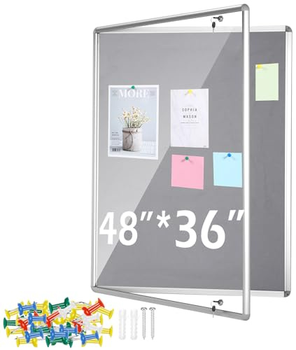 Suzile 1 Pcs Gray Enclosed Bulletin Board Lockable Cork Case Notice Board Aluminum Framed Waterproof Locking Cabinet with Mounting Screws for School Class Office Wall Display Pictures 48x36 Inch