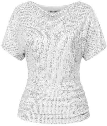 Frauen aus der Schulter Pailletten Party Oberteile Glitzernde Kurzarm Sommer Shirt für Party Silber L