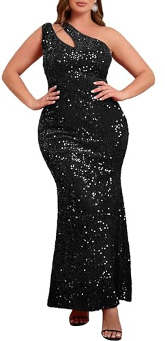 VERWIN Übergröße Pailletten Mode ärmellos schräg Kragen Meerjungfrau Damen Maxikleid Abendkleid Partykleid Bodycon Kleid