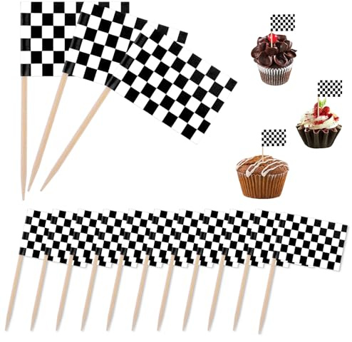 Grevosea 96 Pack Checkered Black and White Racing Toothpick Flag Race Car Small Toothpick Mini Stick Cupcake Toppers Fruit Cupcakes Toppers Food Stick Flags Decorations for Party Bar Sport Events