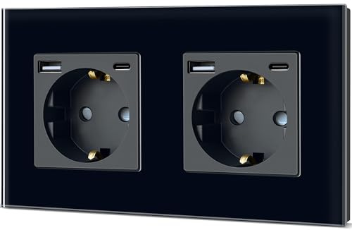 TAWOIA Schuko Steckdose mit USB C 20W, EU-Standard 2 Fach Unterputz Steckdosen mit Kristall Glas Platte Doppel Wandsteckdosen Schwarz 86 * 157mm