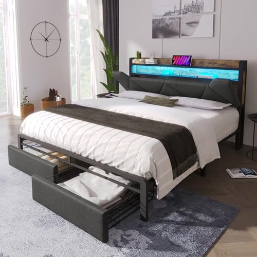 Rtopsu Polsterbett Doppelbett 140x200 cm mit LED-Beleuchtung und Typ-C USB-Kopfteil, Bett mit Stauraum Kopfteil und Schubladen, Bettgestell mit Lattenrost aus Metallrahmen, Grau, Ohne Matratze