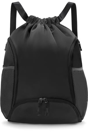 Valleycomfy Sports Gym Bag Drawstring Backpack with Shoes Basketball Bag and Two Water Bottle Holder,Black