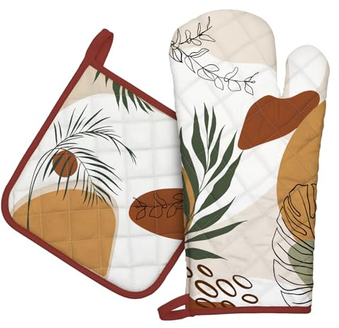 Arquiel Boho Leaf Oven Mitts and Pot Holders -100% Cotton, Heat Resistant Extra Long Oven Gloves & Hot Pads for Cooking BBQ Grilling Baking Gift, Set of 2