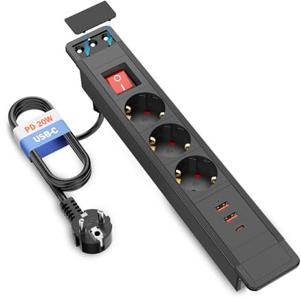 THOWALL Ciabatta elettrica da incasso con USB C PD 20 W, presa da incasso USB, 3 scomparti con interruttore cavo da 2 m, colore nero